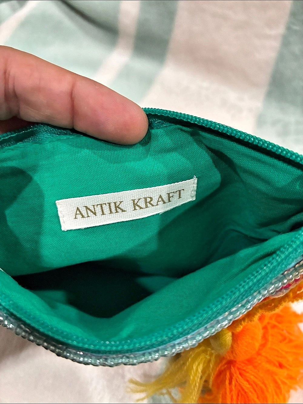 Antik Kraft Beeded Embroidered Sunglasses Cosmetic Pouch in Green & Pink - Picture 8 of 8